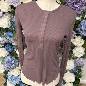 Love Tree Purple Ribbed Long Sleeve Quarter Buttoned Top